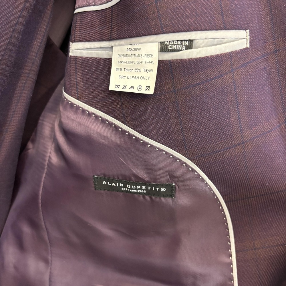 NWT Alain Dupetit Blazer Vest 2 Pc Set Mens 44S Purple Plaid Formal Suit Jacket - Picture 9 of 16